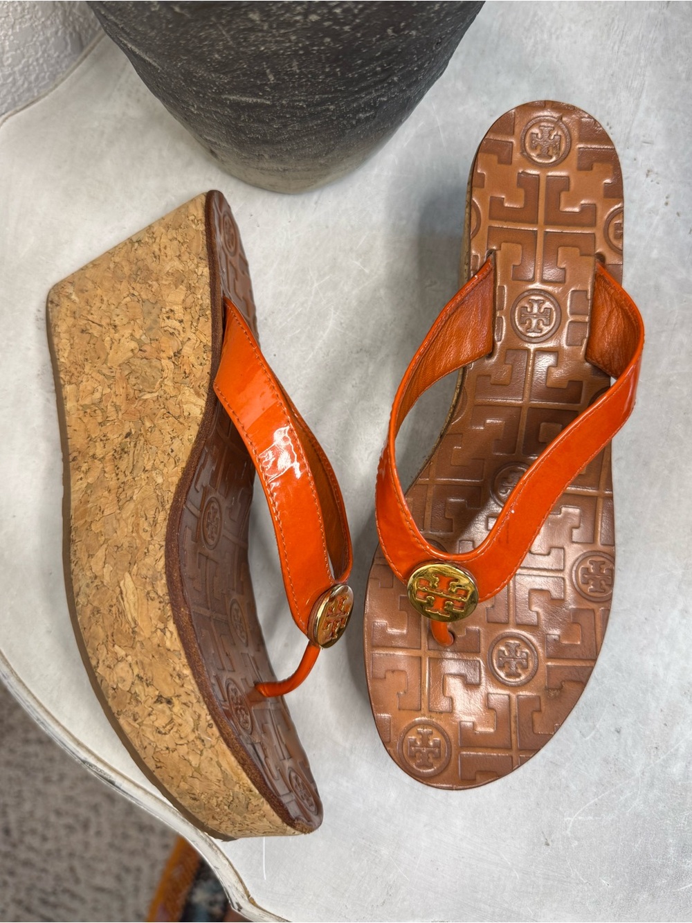 Tory Burch Y2K orange strap wedge thong size 6